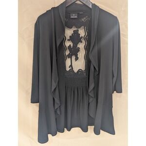 Travel by Tribal Womens Large Black Lace Trim Open Front Cardigan Top‎